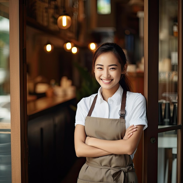 彼女の店の戸口に立つ幸せなアジアの若い女性の肖像画コーヒー ショップで顧客を待っている陽気な成熟したウェイトレス中小企業オーナー ジェネレーティブ Ai