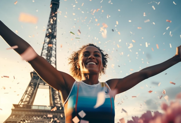 Portrait of a happy athlete celebrating winning success with france paris eiffel tower background