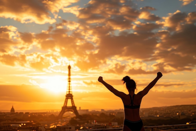 Portrait of a happy athlete celebrating winning success with france paris eiffel tower background