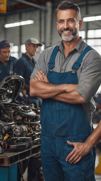 Portrait of happy auto repairman looking at the camera while his customers are standing in the backg