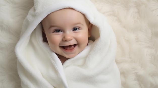 Portrait of a happy baby wrapped in a towel or blanket toddler smiling after bath time