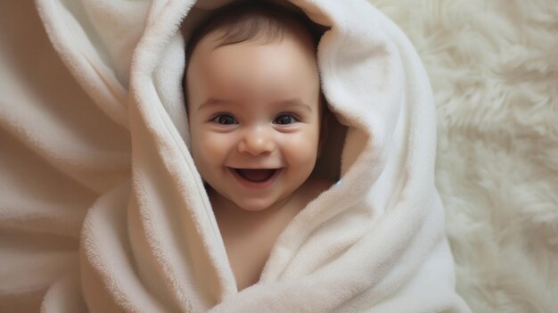 Portrait of a happy baby wrapped in a towel or blanket toddler smiling after bath time