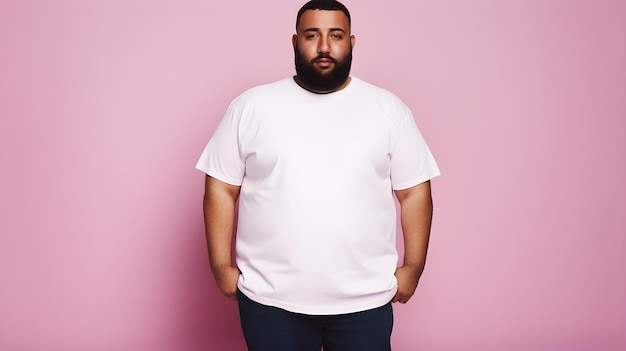 Photo portrait of happy bearded man wearing white tshirt over pink background looking at camera with charming cute smile plus size male model