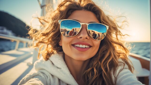 요트 에서 바다 에서 휴가를 보내고 있는 행복 한 아름다운 금발 소녀 의 초상화