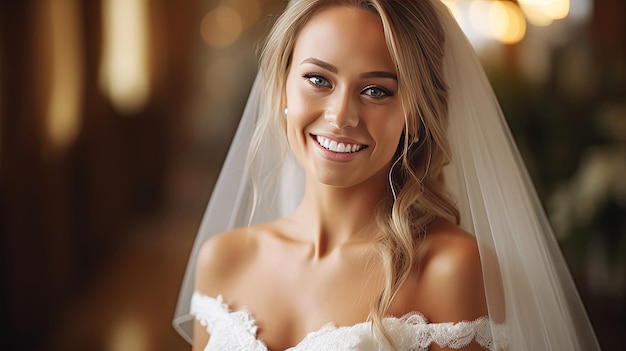 Portrait of Happy beautiful bride in the wedding day Generative Ai