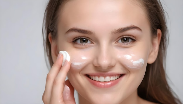 Portrait of happy beautiful girl applying cream on the cheek