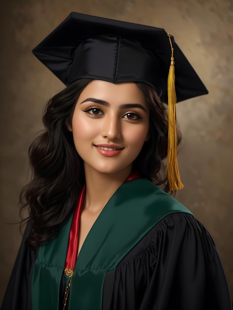 Portrait of a happy beautiful graduate girl with graduation gown and cap