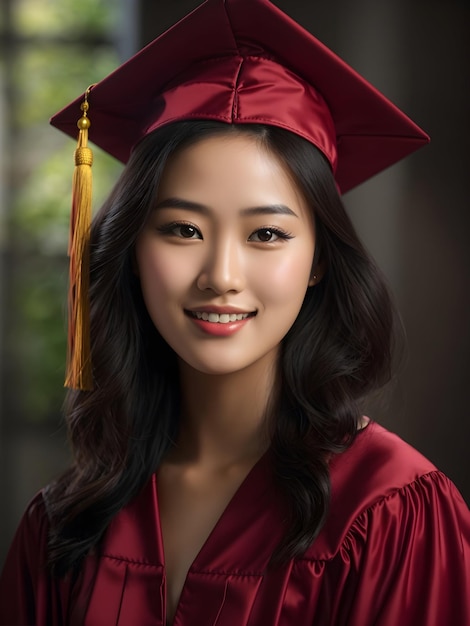 Портрет счастливой красивой выпускницы в выпускном платье и кепке