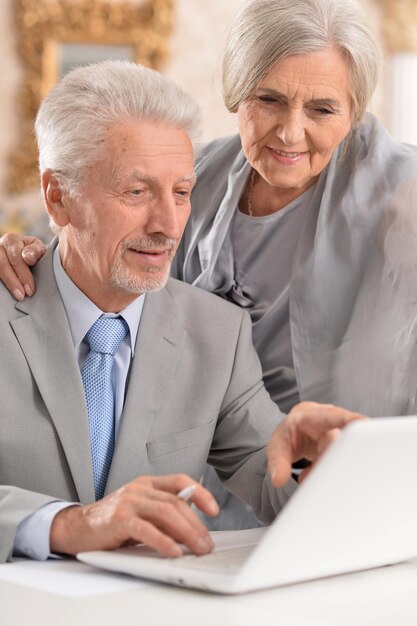 Portrait of happy beautiful senior couple using laptop at home