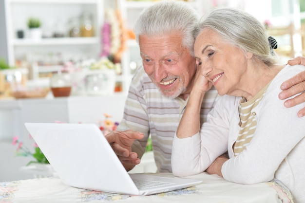 Портрет счастливой красивой пожилой пары, использующей ноутбук