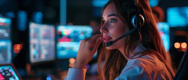 Portrait of a happy beautiful Technical Customer Support Specialist using a headset while working on a computer in a dark monitoring room filled with colleagues and display screens