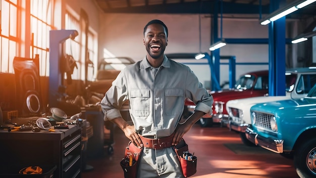 Portrait of happy black auto mechanic in a workshop