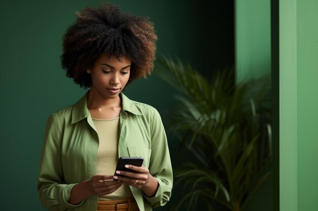 緑のスタジオの壁にスマートフォンを使っている幸せな黒人女性の肖像画 素晴らしいアプリ