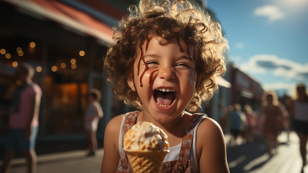 portrait of happy boy eating popcorn from bucket on street