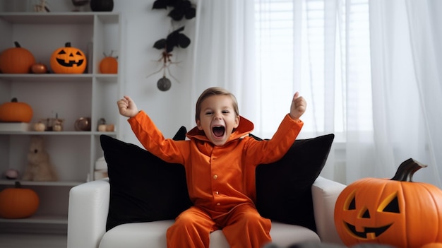 Photo portrait of a happy boy in halloween costume