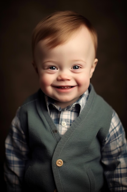 Portrait of happy boy with down syndrome AI Generated
