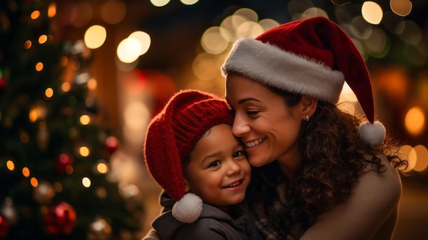 Foto ritratto di una felice madre brasiliana e della sua bambina che festeggiano il natale a casa