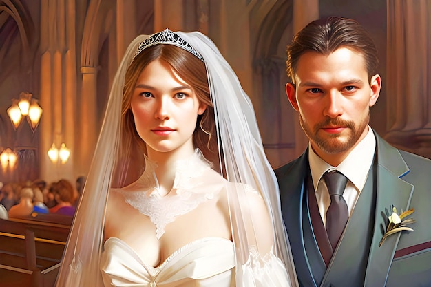 Portrait of happy bride and groom in church Wedding concept Generative AI