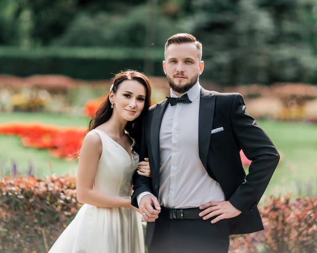 Portrait of happy bride and groom on their wedding day