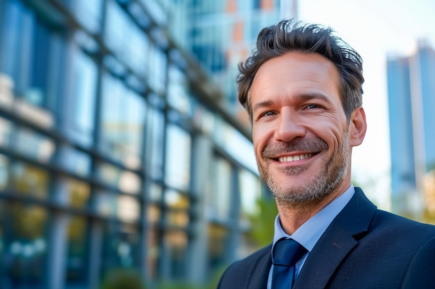 Portrait of happy business man in front of the business buildings copy space