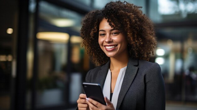 Portrait of happy business woman in city street holding phone business concept