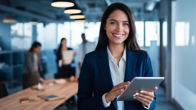 Portrait of happy business woman with digital tablet in a corporate office entrepreneur smile motiv