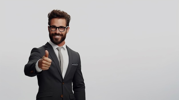 Портрет счастливого бизнесмена в очках, указывающего пальцем на белую стену.