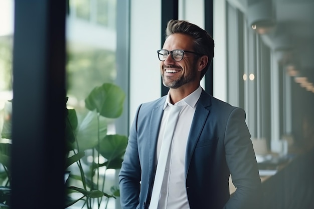 Photo portrait of happy businessman in modern office using smartphone