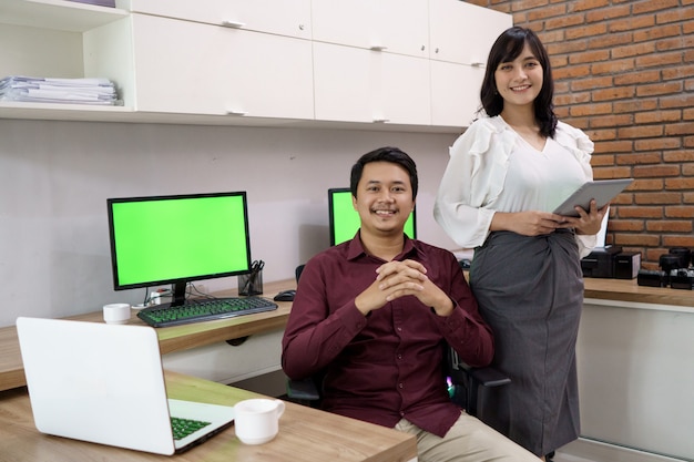 Portrait of happy businessman and woman. Show confidence ready to work