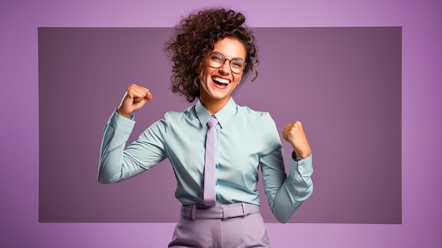 Photo portrait of a happy businesswoman celebrating success with arms raised against purple background