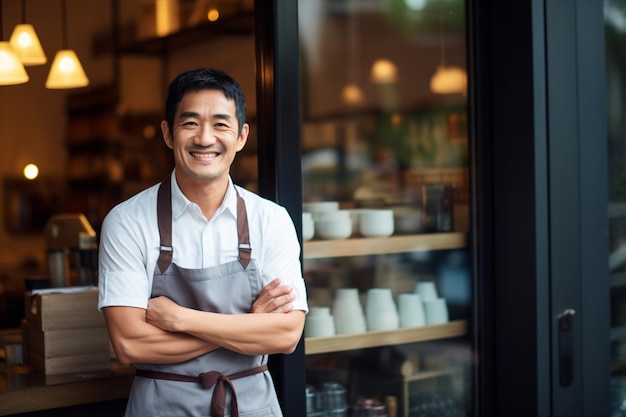 Портрет счастливого владельца кафе в фартуке, стоящего со скрещенными руками в кафе
