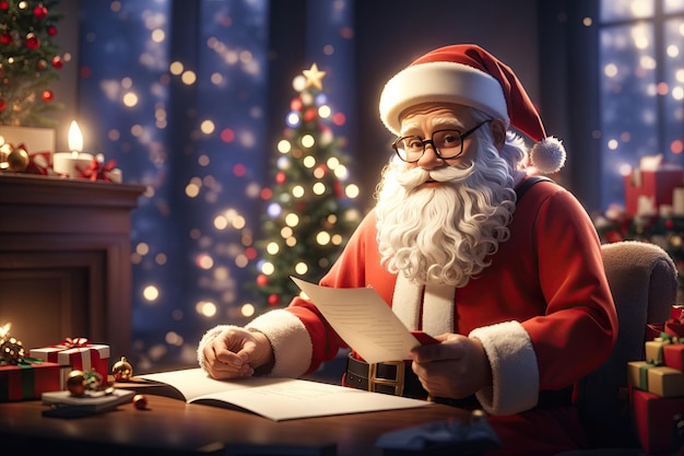 Portrait of happy cartoon Santa Claus reading Christmas letter on cristmass tree background