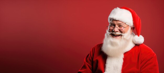 портрет счастливого и веселого Санта-Клауса на красном фоне студии баннер свободное место