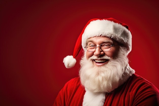 portrait of happy and cheerful santa claus on red studio background