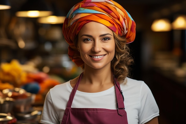 Photo portrait of happy chef standing in kitchen with hand on hip