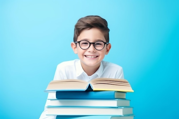 Portrait of a happy child little boy with glasses sitting on a stack of books AI Generated