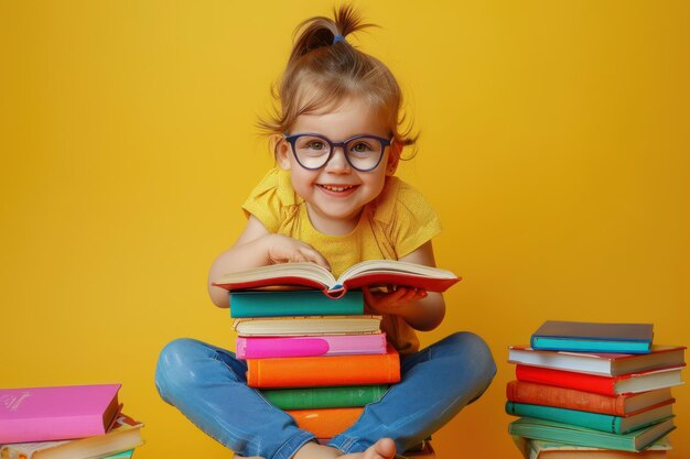 portrait of a happy child little girl with glasses sitting on a stack of books and reading a book