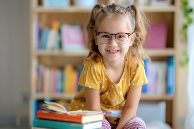 portrait of a happy child little girl with glasses sitting on a stack of books and reading a book