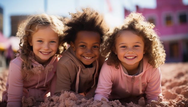 Photo portrait of happy children playing in sand on playground during sunny day