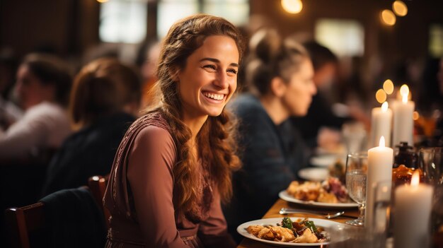 Photo portrait of a happy community having diner together generative ai