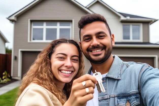 Photo portrait of happy confident hetero couple showing the keys of his new house