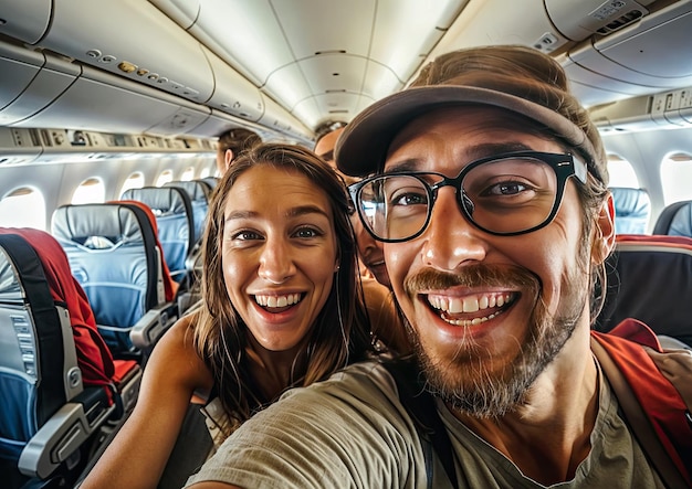 Portrait of happy couple traveling by airplane They are smiling and looking at camera