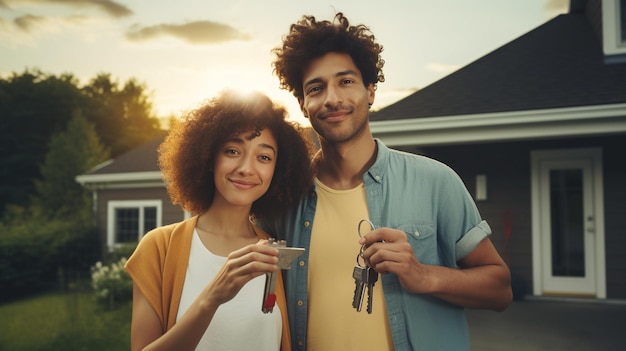 Photo portrait of happy couple with house key and new home