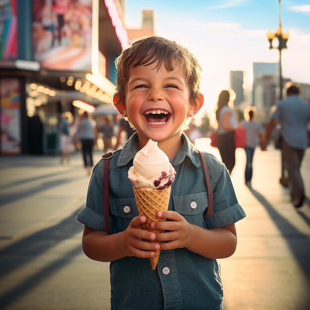 Foto ritratto di un bambino felice e carino con un cono di gelato