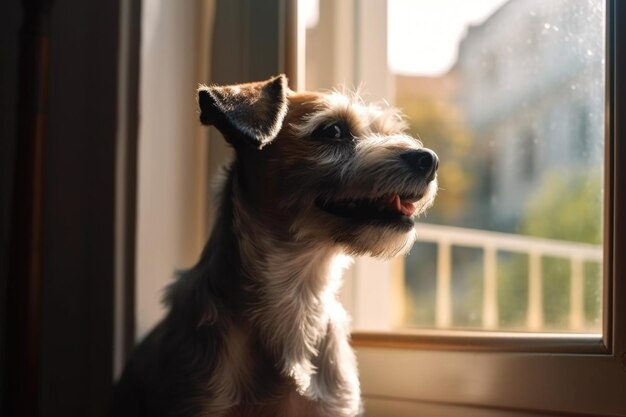 Portrait of happy dog sitting in sunny window with view of the outdoors created with generative ai