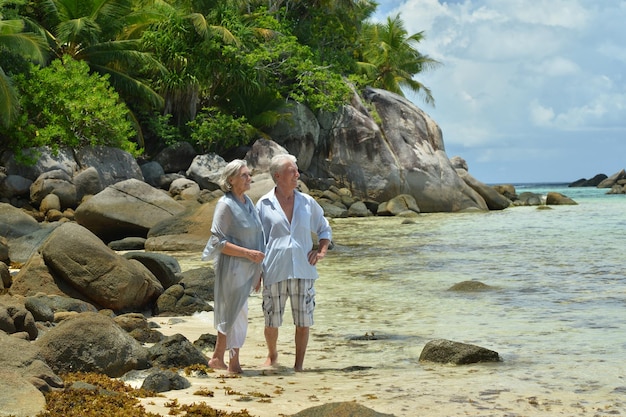 Portrait of happy elderly couple resting on tropical beach