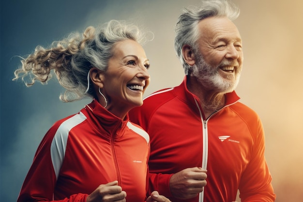 운동 의복 을 입은 행복 한 노인 남자 와 여자 의 초상화