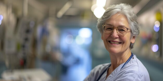 Portrait of happy elderly nurse in hospital