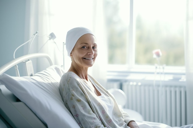 Portrait of a happy elderly woman in a headscarf for cancer patients recovering from illness