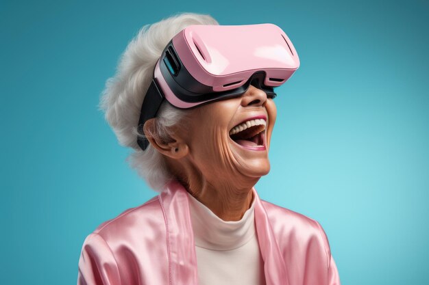 Portrait of happy elderly woman using VR glasses of metaverse virtual reality Generative AI